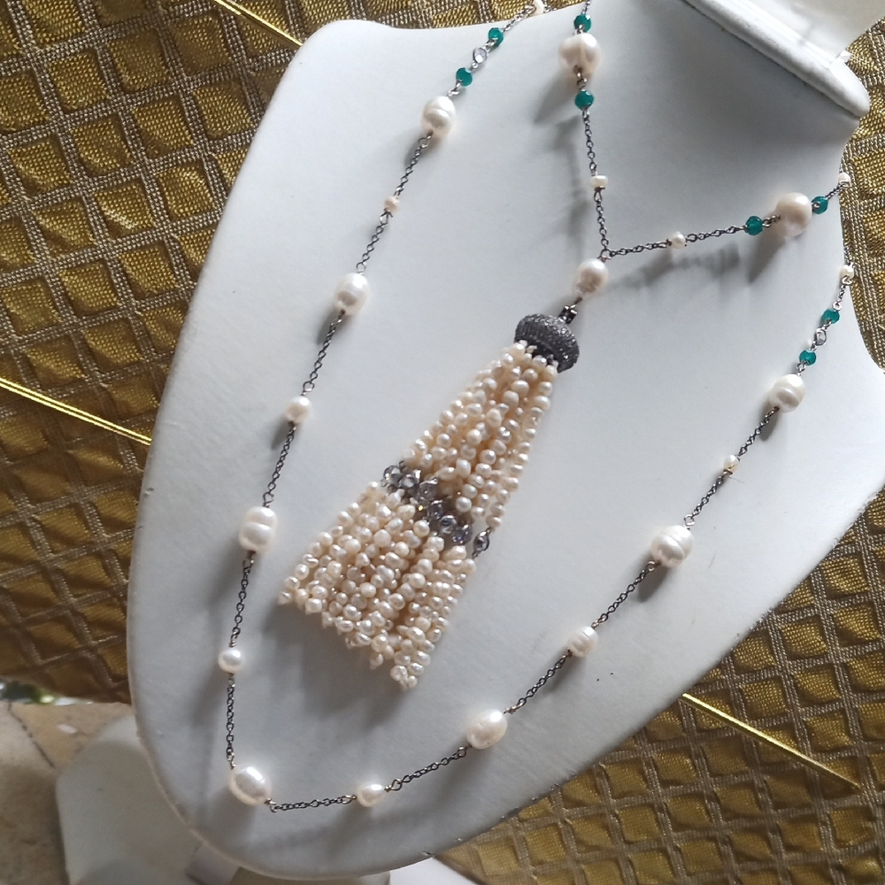 Elegant Freshwater Pearl Emerald, and Sterling Silver Necklace Tassel Chain